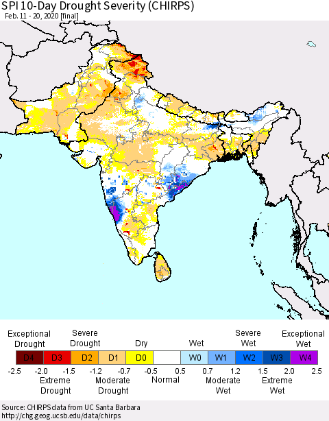 Southern Asia SPI 10-Day Drought Severity (CHIRPS) Thematic Map For 2/11/2020 - 2/20/2020