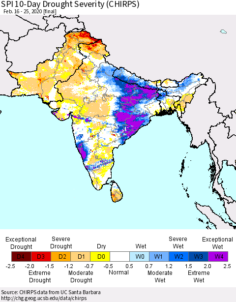 Southern Asia SPI 10-Day Drought Severity (CHIRPS) Thematic Map For 2/16/2020 - 2/25/2020