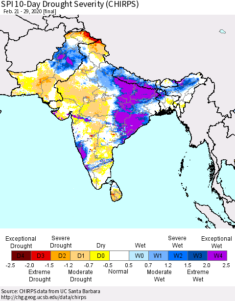 Southern Asia SPI 10-Day Drought Severity (CHIRPS) Thematic Map For 2/21/2020 - 2/29/2020