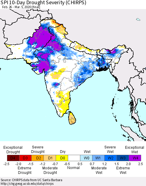 Southern Asia SPI 10-Day Drought Severity (CHIRPS) Thematic Map For 2/26/2020 - 3/5/2020