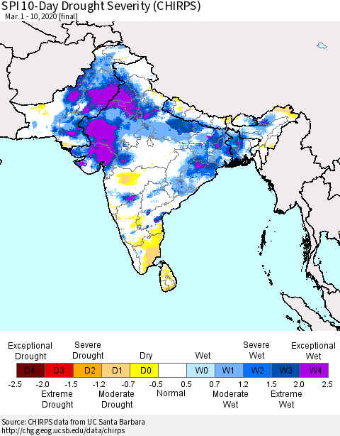 Southern Asia SPI 10-Day Drought Severity (CHIRPS) Thematic Map For 3/1/2020 - 3/10/2020