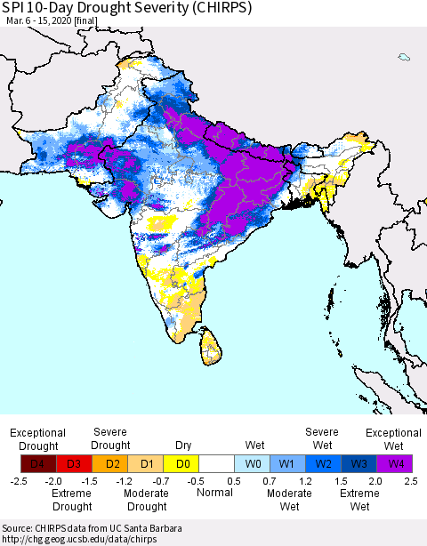 Southern Asia SPI 10-Day Drought Severity (CHIRPS) Thematic Map For 3/6/2020 - 3/15/2020