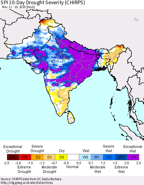 Southern Asia SPI 10-Day Drought Severity (CHIRPS) Thematic Map For 3/11/2020 - 3/20/2020