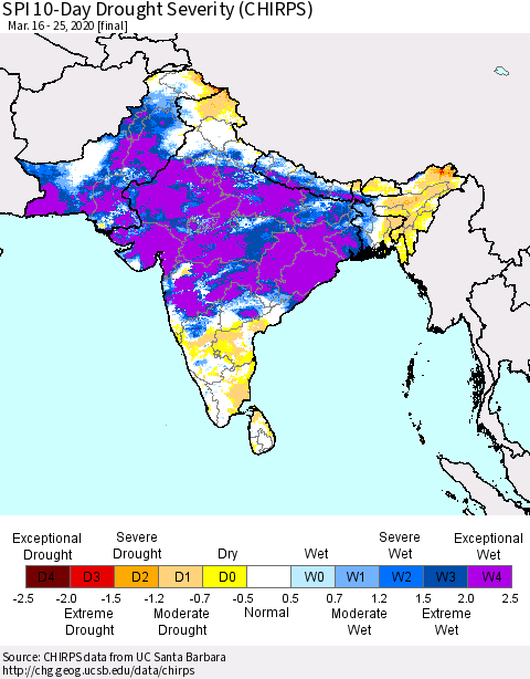 Southern Asia SPI 10-Day Drought Severity (CHIRPS) Thematic Map For 3/16/2020 - 3/25/2020