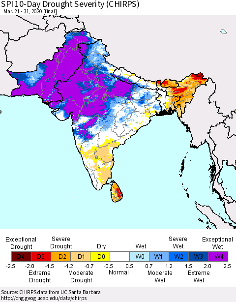Southern Asia SPI 10-Day Drought Severity (CHIRPS) Thematic Map For 3/21/2020 - 3/31/2020
