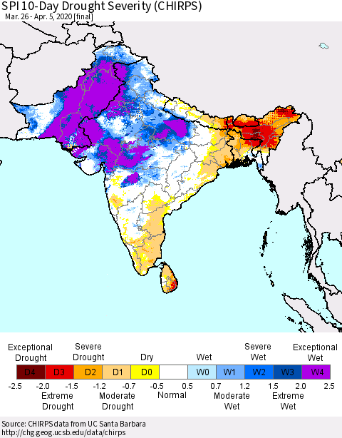 Southern Asia SPI 10-Day Drought Severity (CHIRPS) Thematic Map For 3/26/2020 - 4/5/2020