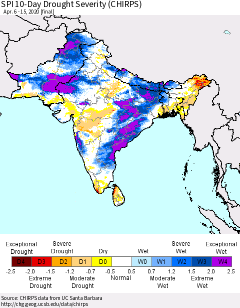 Southern Asia SPI 10-Day Drought Severity (CHIRPS) Thematic Map For 4/6/2020 - 4/15/2020