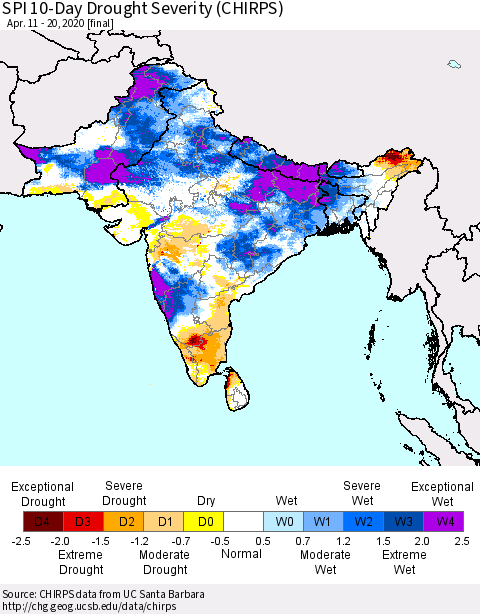 Southern Asia SPI 10-Day Drought Severity (CHIRPS) Thematic Map For 4/11/2020 - 4/20/2020