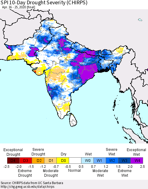 Southern Asia SPI 10-Day Drought Severity (CHIRPS) Thematic Map For 4/16/2020 - 4/25/2020