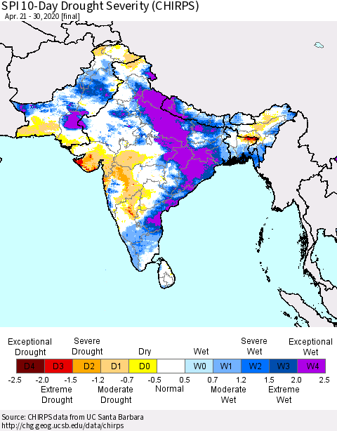 Southern Asia SPI 10-Day Drought Severity (CHIRPS) Thematic Map For 4/21/2020 - 4/30/2020