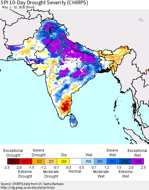 Southern Asia SPI 10-Day Drought Severity (CHIRPS) Thematic Map For 5/1/2020 - 5/10/2020
