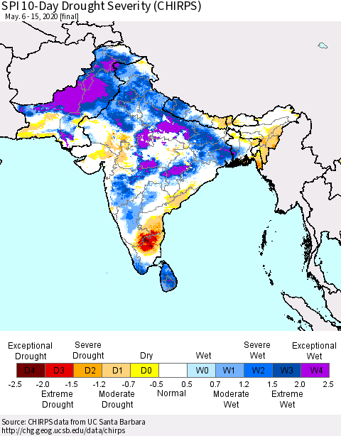 Southern Asia SPI 10-Day Drought Severity (CHIRPS) Thematic Map For 5/6/2020 - 5/15/2020