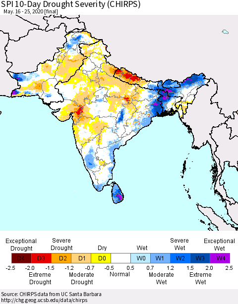 Southern Asia SPI 10-Day Drought Severity (CHIRPS) Thematic Map For 5/16/2020 - 5/25/2020