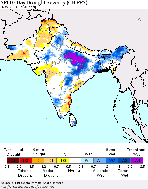 Southern Asia SPI 10-Day Drought Severity (CHIRPS) Thematic Map For 5/21/2020 - 5/31/2020