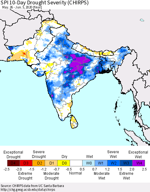 Southern Asia SPI 10-Day Drought Severity (CHIRPS) Thematic Map For 5/26/2020 - 6/5/2020