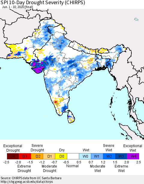 Southern Asia SPI 10-Day Drought Severity (CHIRPS) Thematic Map For 6/1/2020 - 6/10/2020