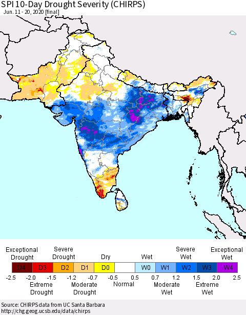 Southern Asia SPI 10-Day Drought Severity (CHIRPS) Thematic Map For 6/11/2020 - 6/20/2020