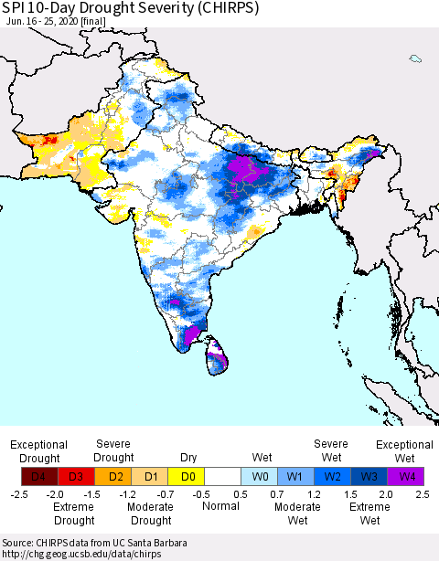 Southern Asia SPI 10-Day Drought Severity (CHIRPS) Thematic Map For 6/16/2020 - 6/25/2020