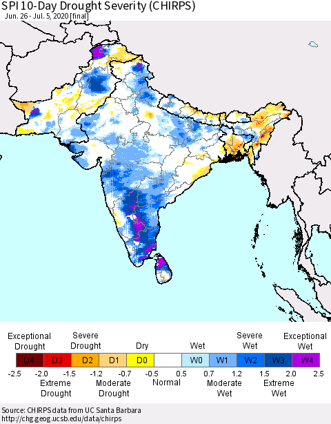 Southern Asia SPI 10-Day Drought Severity (CHIRPS) Thematic Map For 6/26/2020 - 7/5/2020