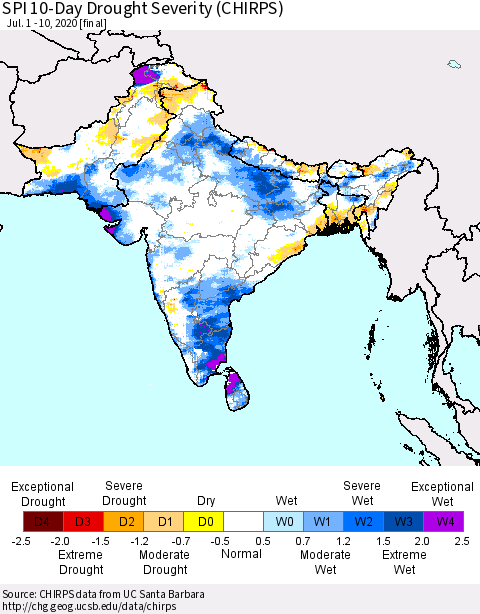 Southern Asia SPI 10-Day Drought Severity (CHIRPS) Thematic Map For 7/1/2020 - 7/10/2020