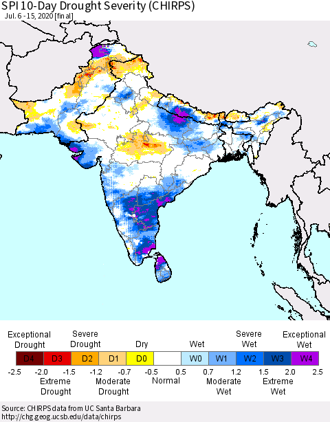 Southern Asia SPI 10-Day Drought Severity (CHIRPS) Thematic Map For 7/6/2020 - 7/15/2020