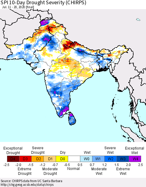 Southern Asia SPI 10-Day Drought Severity (CHIRPS) Thematic Map For 7/11/2020 - 7/20/2020