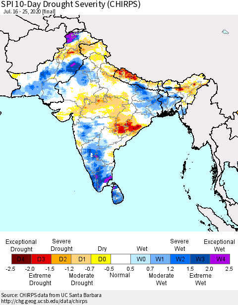 Southern Asia SPI 10-Day Drought Severity (CHIRPS) Thematic Map For 7/16/2020 - 7/25/2020