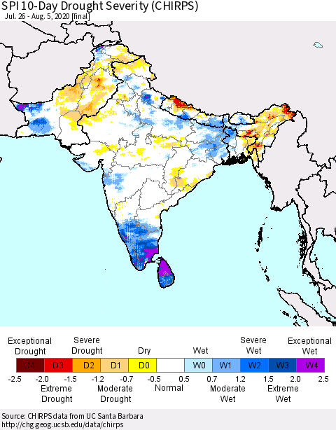 Southern Asia SPI 10-Day Drought Severity (CHIRPS) Thematic Map For 7/26/2020 - 8/5/2020