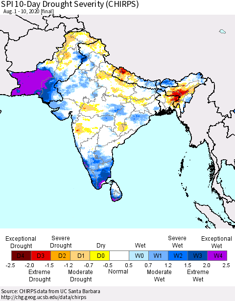 Southern Asia SPI 10-Day Drought Severity (CHIRPS) Thematic Map For 8/1/2020 - 8/10/2020