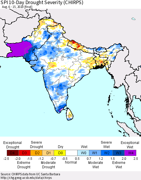 Southern Asia SPI 10-Day Drought Severity (CHIRPS) Thematic Map For 8/6/2020 - 8/15/2020