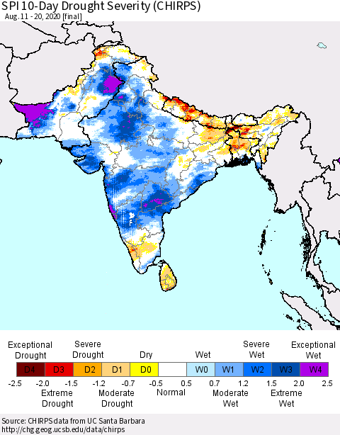 Southern Asia SPI 10-Day Drought Severity (CHIRPS) Thematic Map For 8/11/2020 - 8/20/2020