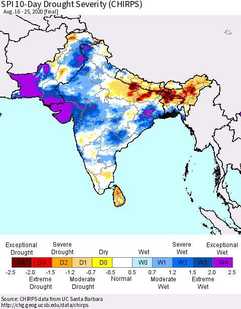 Southern Asia SPI 10-Day Drought Severity (CHIRPS) Thematic Map For 8/16/2020 - 8/25/2020