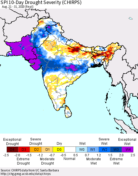 Southern Asia SPI 10-Day Drought Severity (CHIRPS) Thematic Map For 8/21/2020 - 8/31/2020