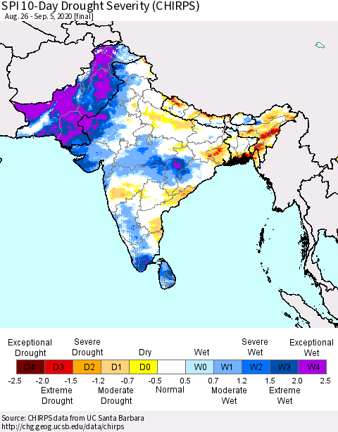 Southern Asia SPI 10-Day Drought Severity (CHIRPS) Thematic Map For 8/26/2020 - 9/5/2020
