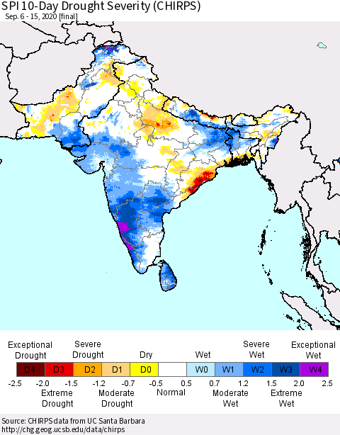 Southern Asia SPI 10-Day Drought Severity (CHIRPS) Thematic Map For 9/6/2020 - 9/15/2020