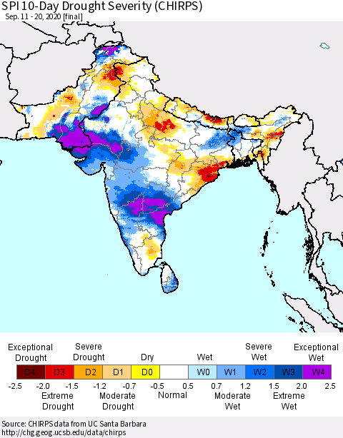 Southern Asia SPI 10-Day Drought Severity (CHIRPS) Thematic Map For 9/11/2020 - 9/20/2020