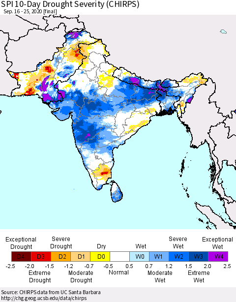 Southern Asia SPI 10-Day Drought Severity (CHIRPS) Thematic Map For 9/16/2020 - 9/25/2020