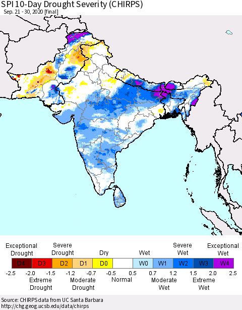 Southern Asia SPI 10-Day Drought Severity (CHIRPS) Thematic Map For 9/21/2020 - 9/30/2020