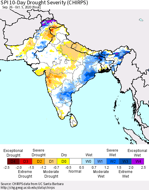 Southern Asia SPI 10-Day Drought Severity (CHIRPS) Thematic Map For 9/26/2020 - 10/5/2020