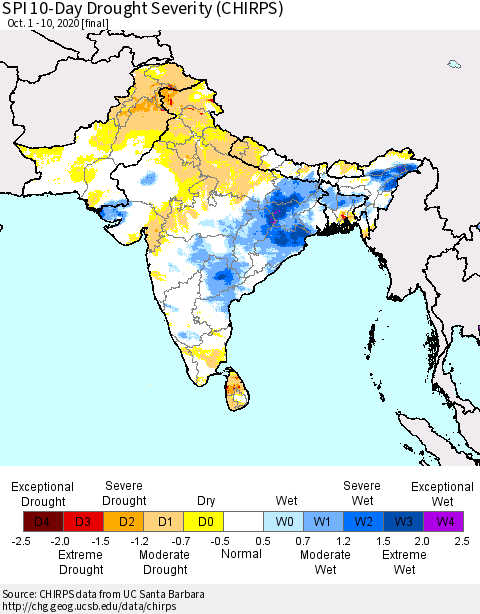 Southern Asia SPI 10-Day Drought Severity (CHIRPS) Thematic Map For 10/1/2020 - 10/10/2020