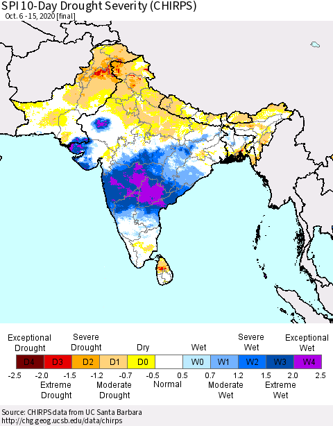 Southern Asia SPI 10-Day Drought Severity (CHIRPS) Thematic Map For 10/6/2020 - 10/15/2020