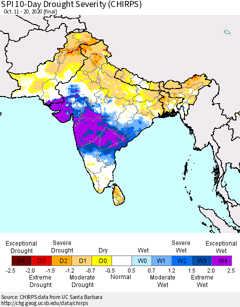Southern Asia SPI 10-Day Drought Severity (CHIRPS) Thematic Map For 10/11/2020 - 10/20/2020