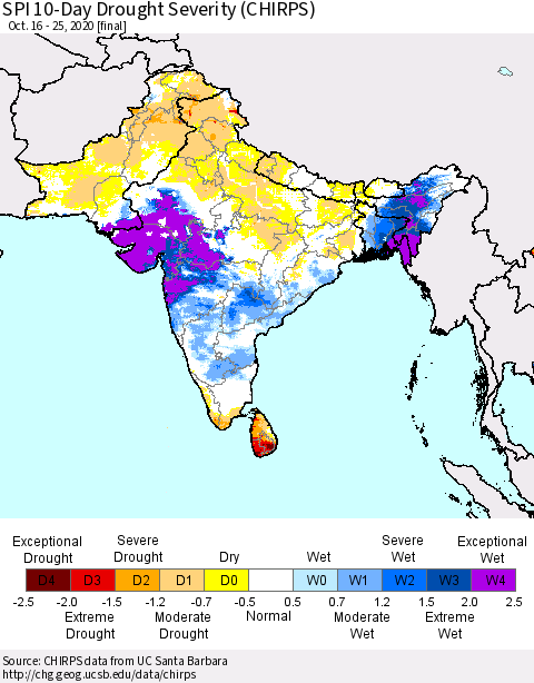 Southern Asia SPI 10-Day Drought Severity (CHIRPS) Thematic Map For 10/16/2020 - 10/25/2020