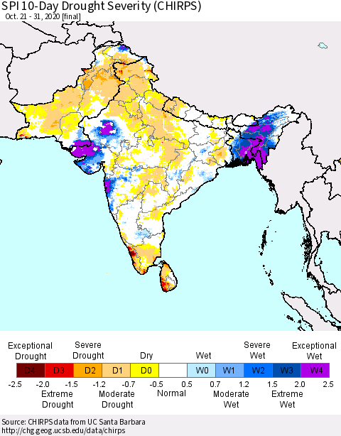 Southern Asia SPI 10-Day Drought Severity (CHIRPS) Thematic Map For 10/21/2020 - 10/31/2020