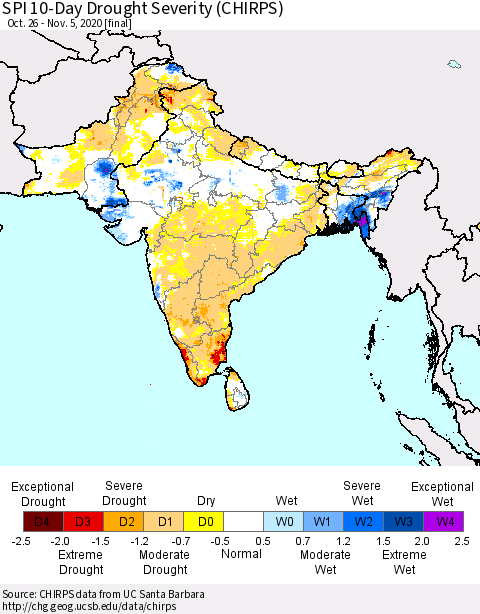 Southern Asia SPI 10-Day Drought Severity (CHIRPS) Thematic Map For 10/26/2020 - 11/5/2020