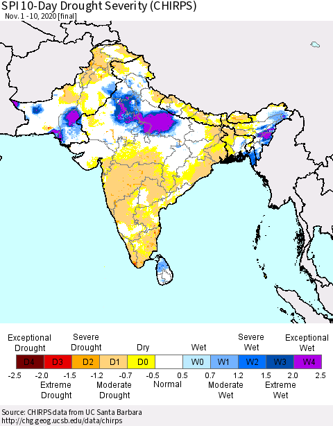 Southern Asia SPI 10-Day Drought Severity (CHIRPS) Thematic Map For 11/1/2020 - 11/10/2020