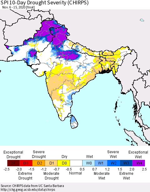 Southern Asia SPI 10-Day Drought Severity (CHIRPS) Thematic Map For 11/6/2020 - 11/15/2020