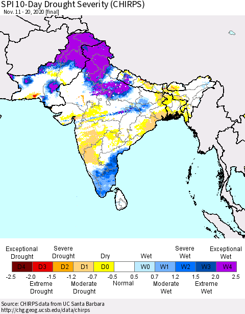 Southern Asia SPI 10-Day Drought Severity (CHIRPS) Thematic Map For 11/11/2020 - 11/20/2020