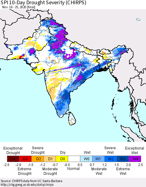 Southern Asia SPI 10-Day Drought Severity (CHIRPS) Thematic Map For 11/16/2020 - 11/25/2020