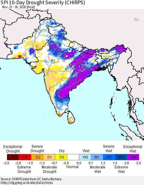 Southern Asia SPI 10-Day Drought Severity (CHIRPS) Thematic Map For 11/21/2020 - 11/30/2020